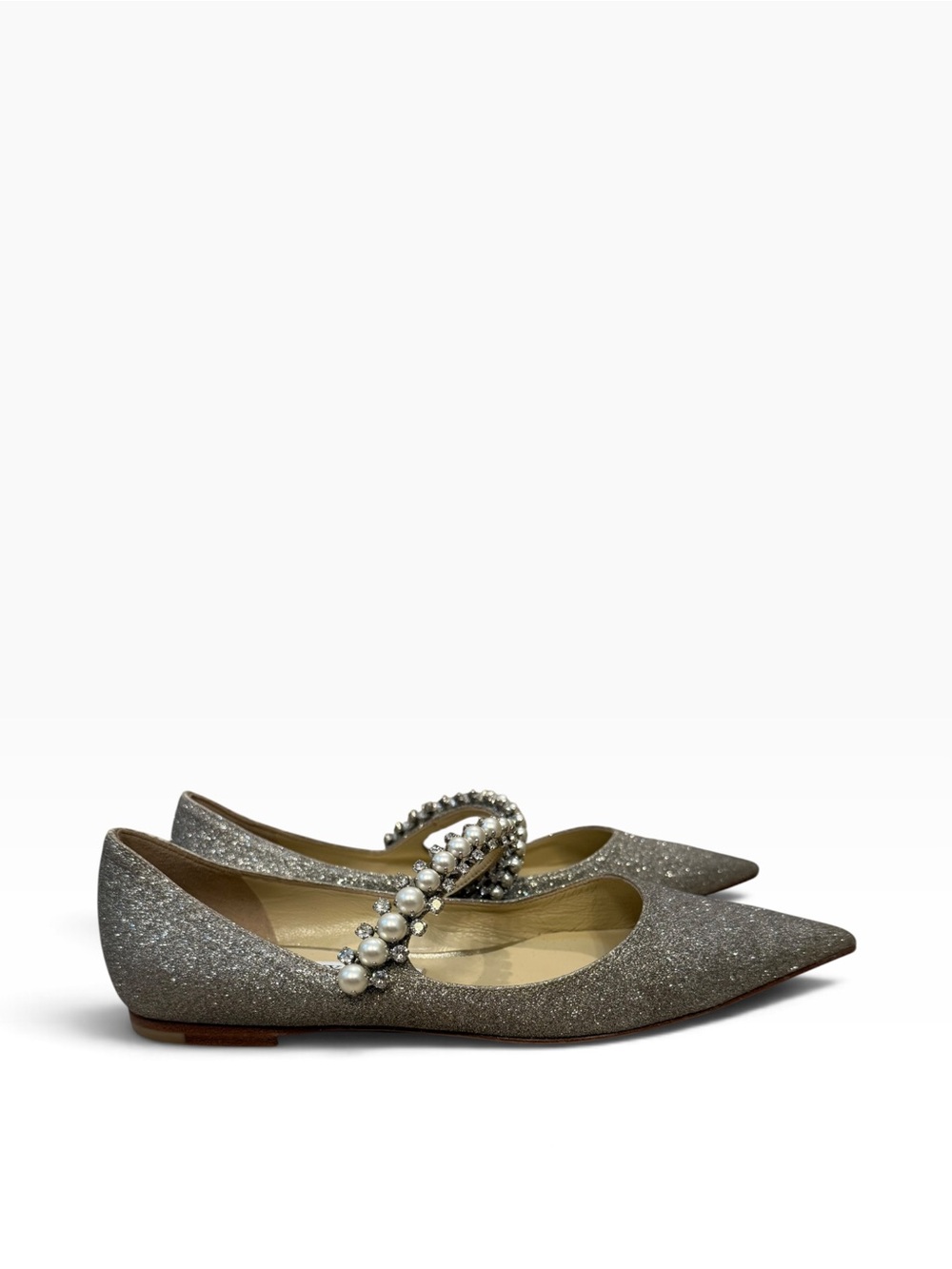 Jimmy Choo Baily Silver Glitter Pearl Crystal Mary Jane Flats Size 37.5